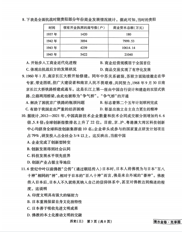 调研卷2024届高三衡水金卷贵州专版历史三试卷